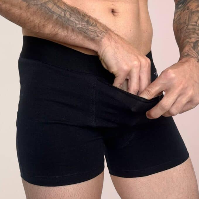 Black boxer shorts with a pouch